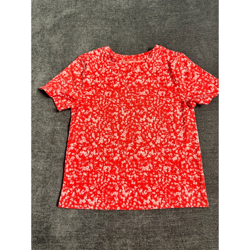Girls Red White Floral Print Short Sleeve T-Shirt Crew Neck Casual Top